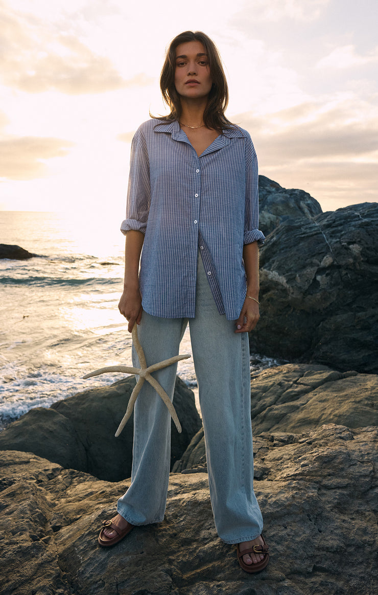 Tops Seaport Striped Button Up Shirt Sky Blue